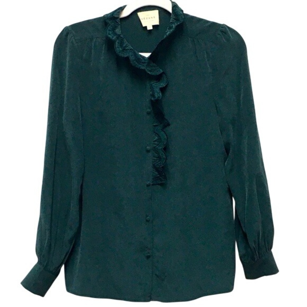 Sezane Silk Ruffle Embroidered Blouse EU36 Green Parisian Chic Romantic Business